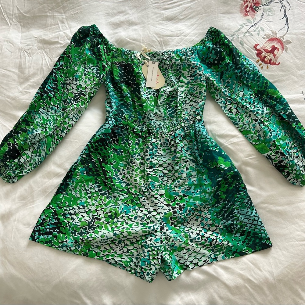 NWT Anthropologie Plenty by Tracy Reese off shoulder peasant romper green python